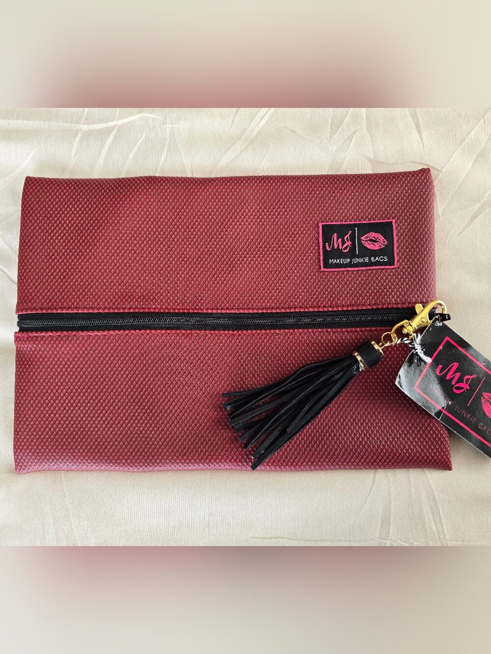 NWT Makeup Junkie Medium Flat Lay Cosmetic Bag Garnet Red - Black Tassel